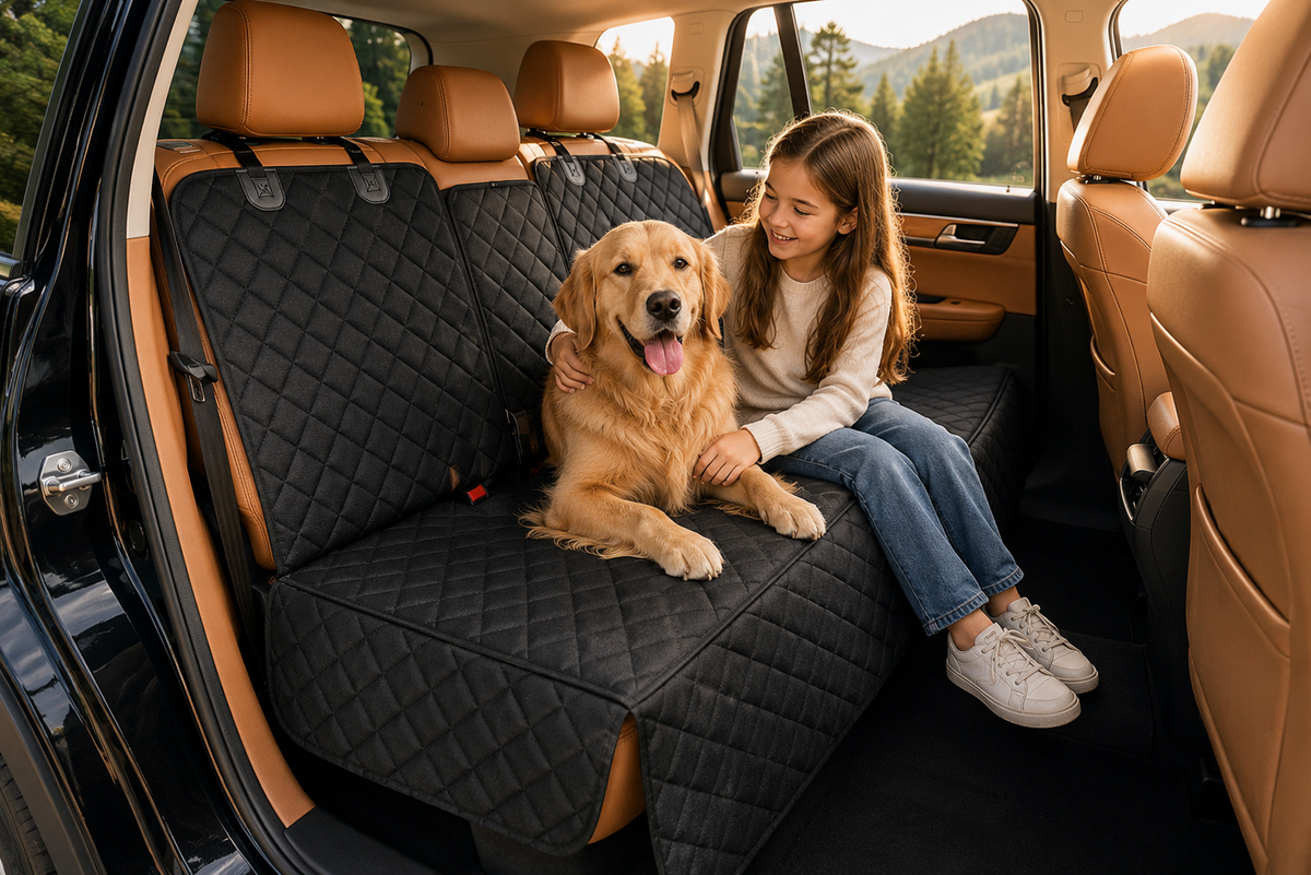 Pet parents enjoying an adventure with their dog