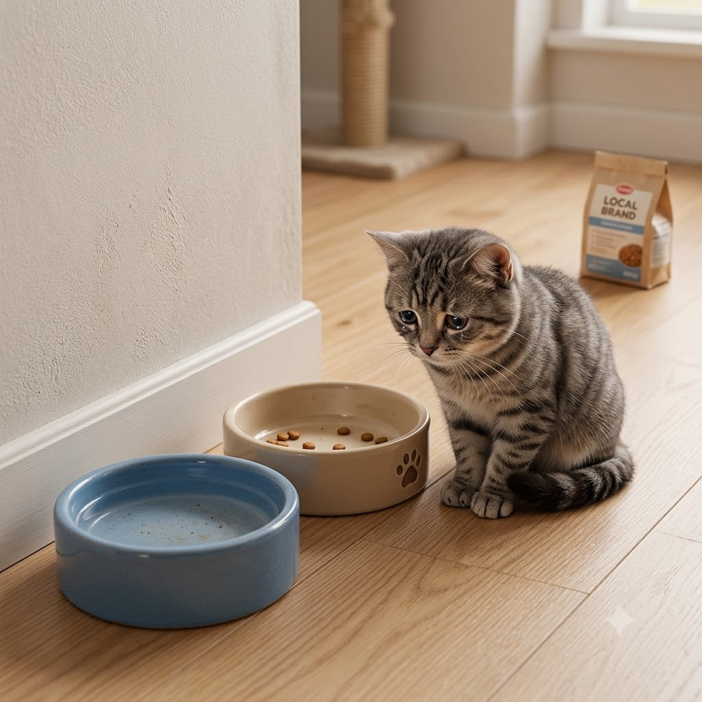 Pet waiting beside its food and water bowls